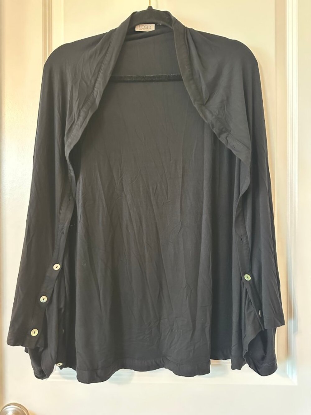 LOGO Lori Goldstein Black Open Cardigan Button Sleeve Draped Top L